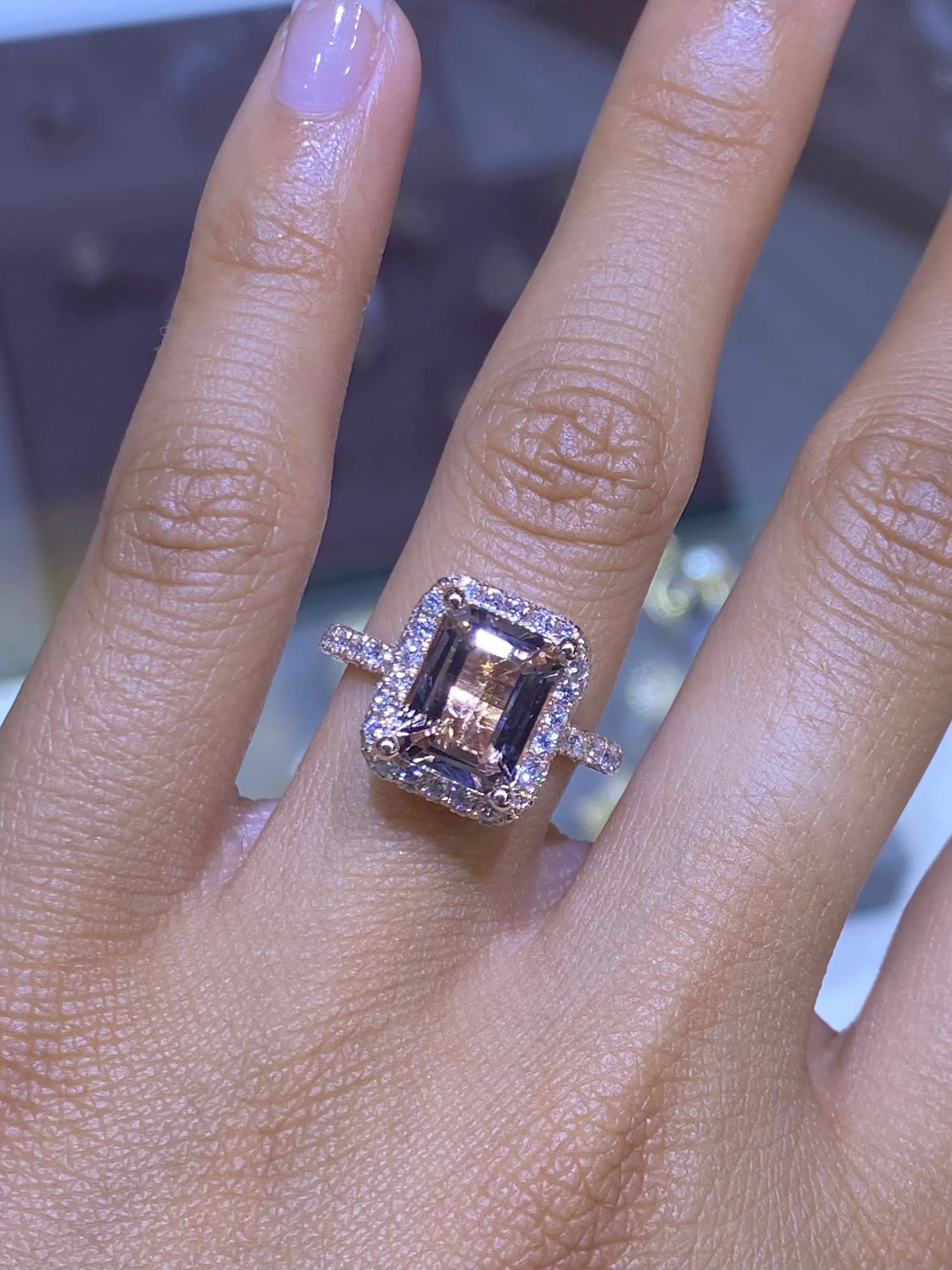 14K Gold Diamond Halo Ring with 3.00 Carat Emerald Cut Morganite Engagement Ring