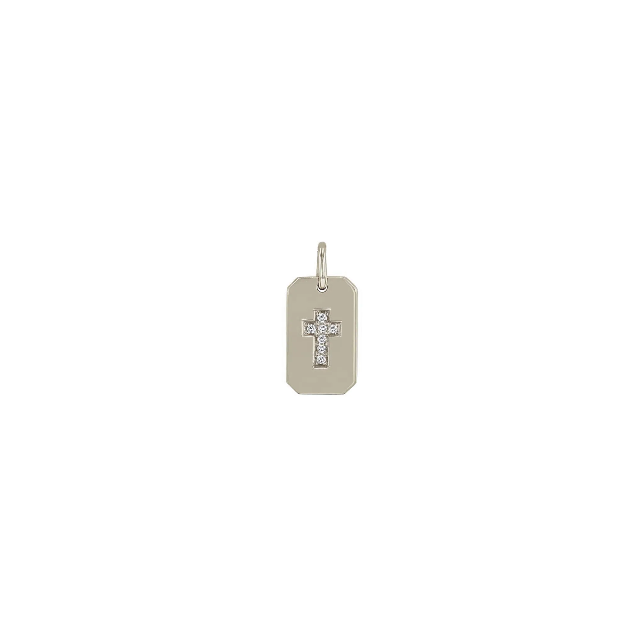 14k Single Pavé Diamond Cross Square Edge Dog Tag Charm