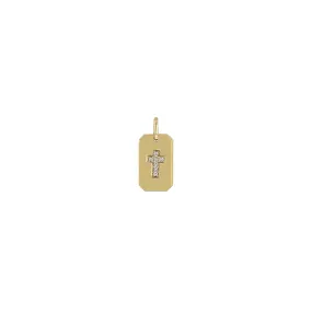 14k Single Pavé Diamond Cross Square Edge Dog Tag Charm