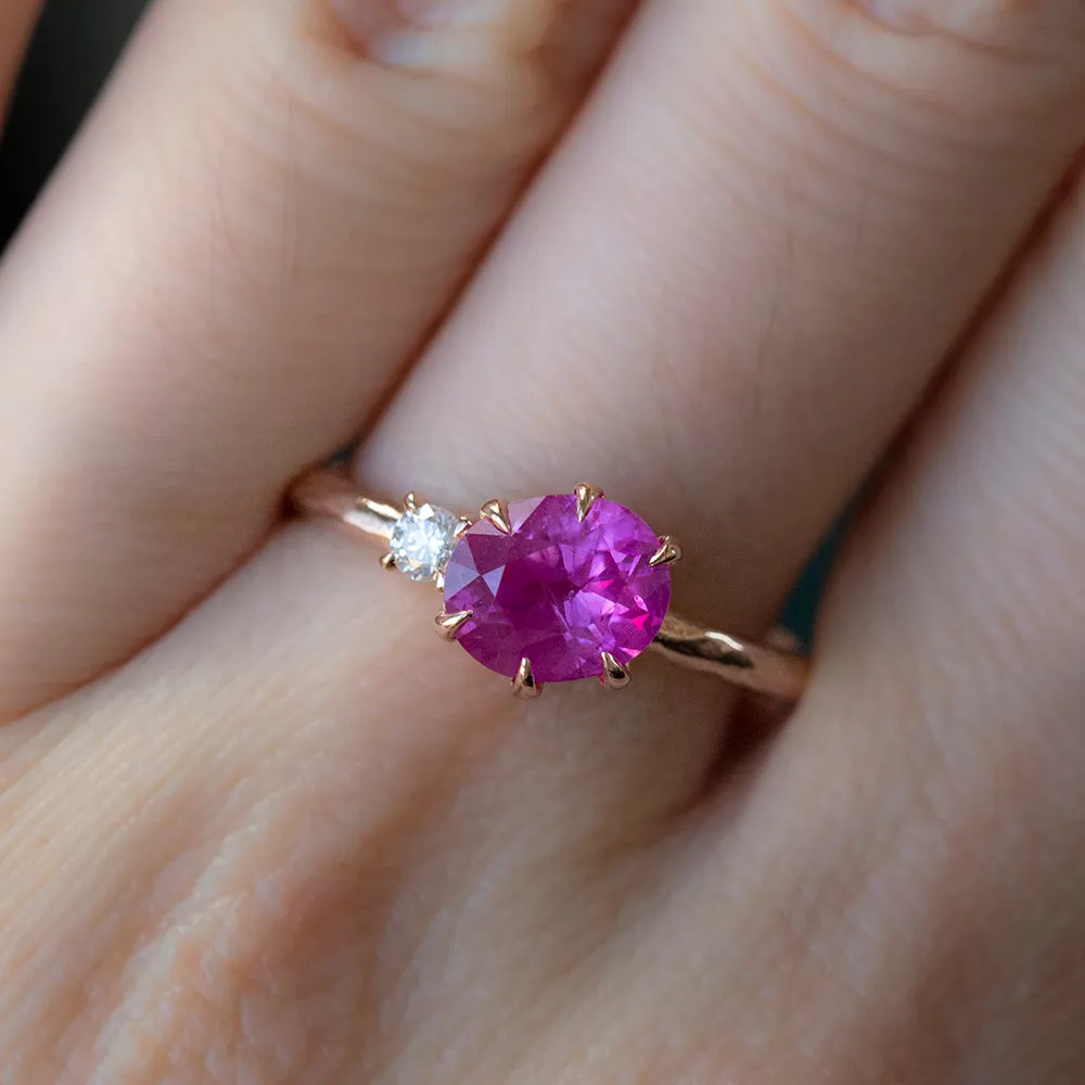 1.61ct Oval Neon Pink Sapphire and Diamond Asymmetrical Ring in 14k Rose Gold