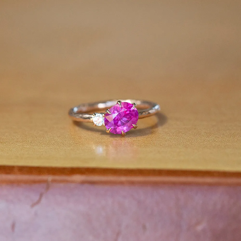 1.61ct Oval Neon Pink Sapphire and Diamond Asymmetrical Ring in 14k Rose Gold