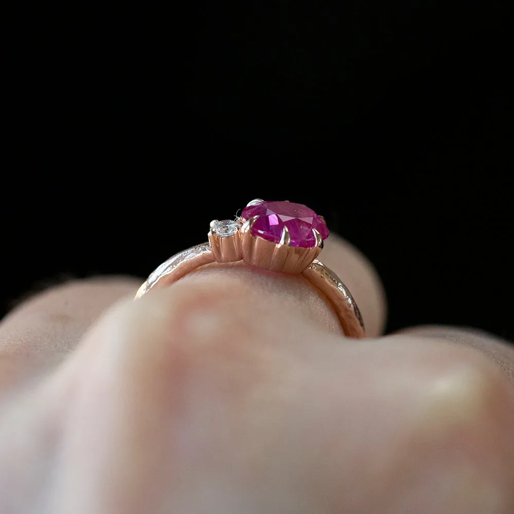 1.61ct Oval Neon Pink Sapphire and Diamond Asymmetrical Ring in 14k Rose Gold