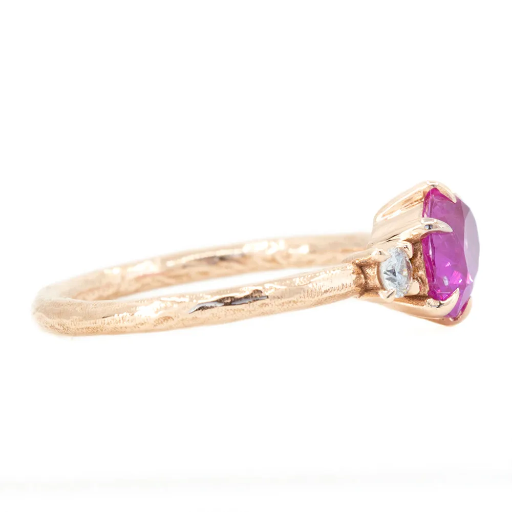 1.61ct Oval Neon Pink Sapphire and Diamond Asymmetrical Ring in 14k Rose Gold