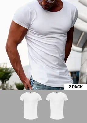 2 Pack Men's Plain White Round Neck T-shirt - Longline