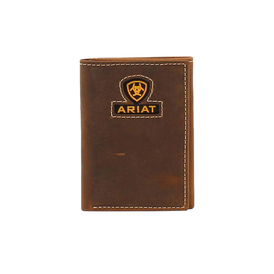 Ariat Men's Logo Ribbon Inlay Trifold Wallet Medium Brown