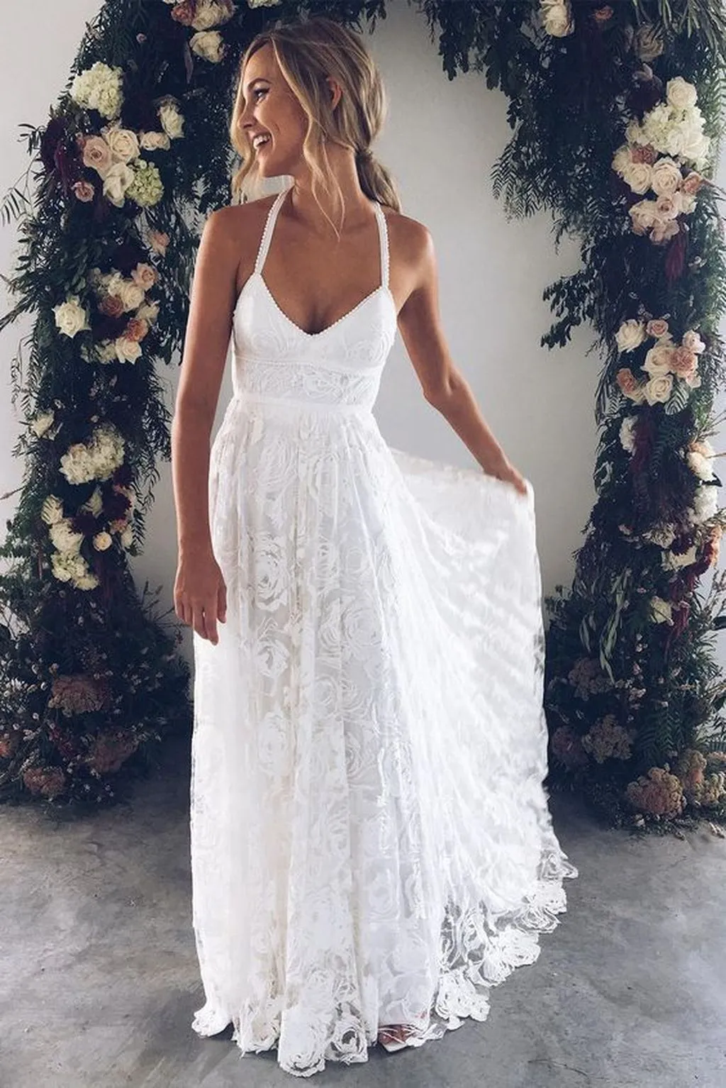 Charming Simple Ivory Lace A Line Court Train Spaghetti Straps Backless Side Slit Beach Wedding Dresses