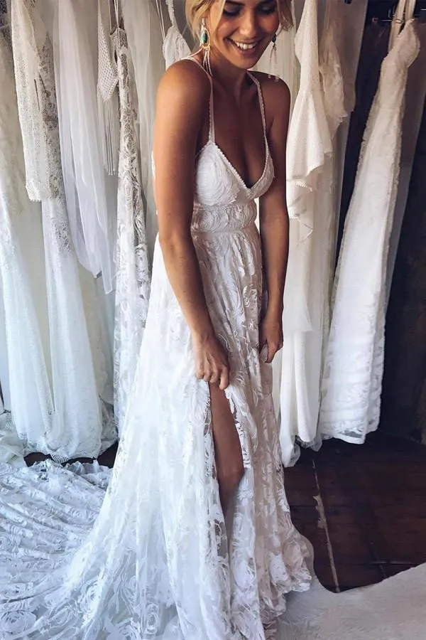 Charming Simple Ivory Lace A Line Court Train Spaghetti Straps Backless Side Slit Beach Wedding Dresses