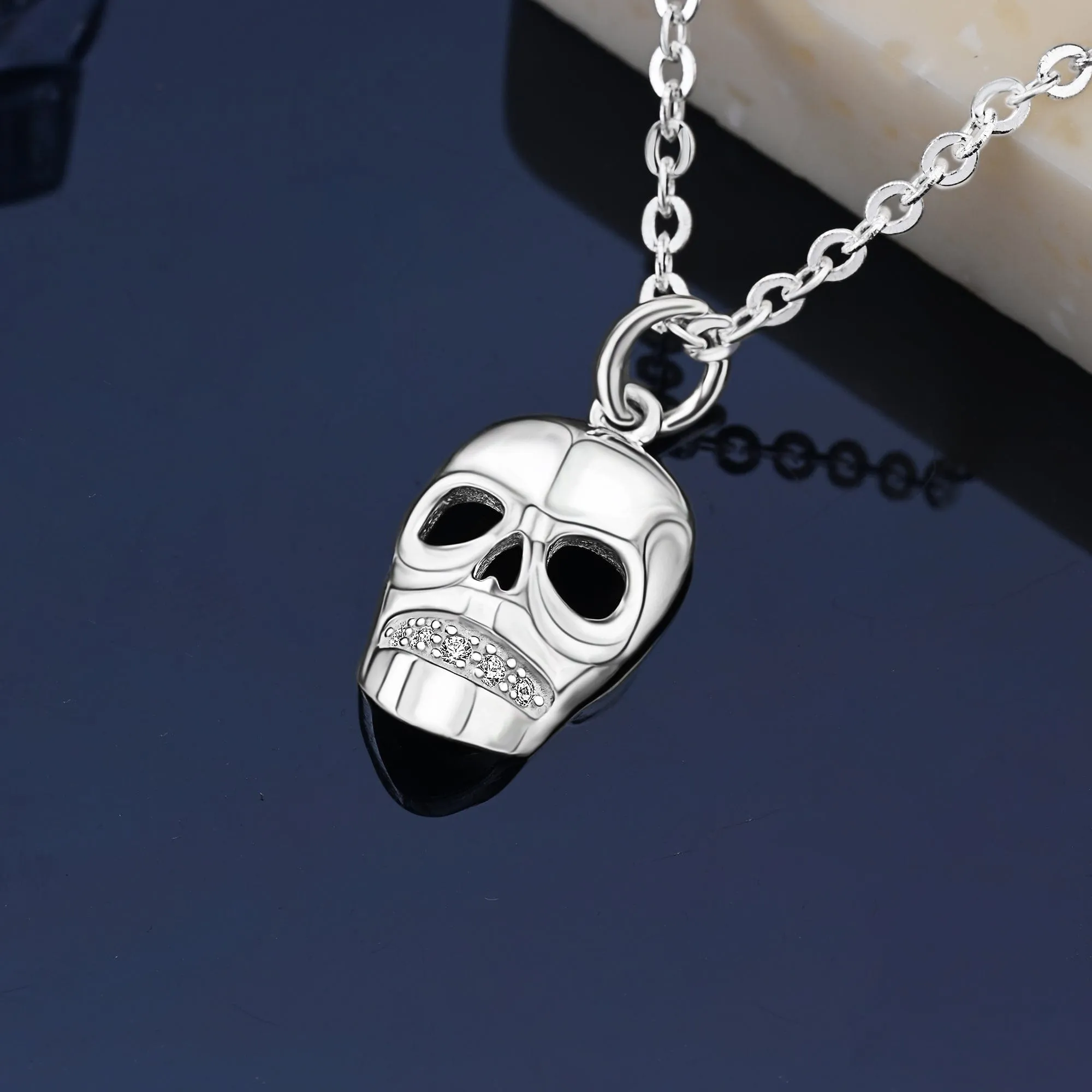 CZ Spooky Skull Necklace Sterling Silver