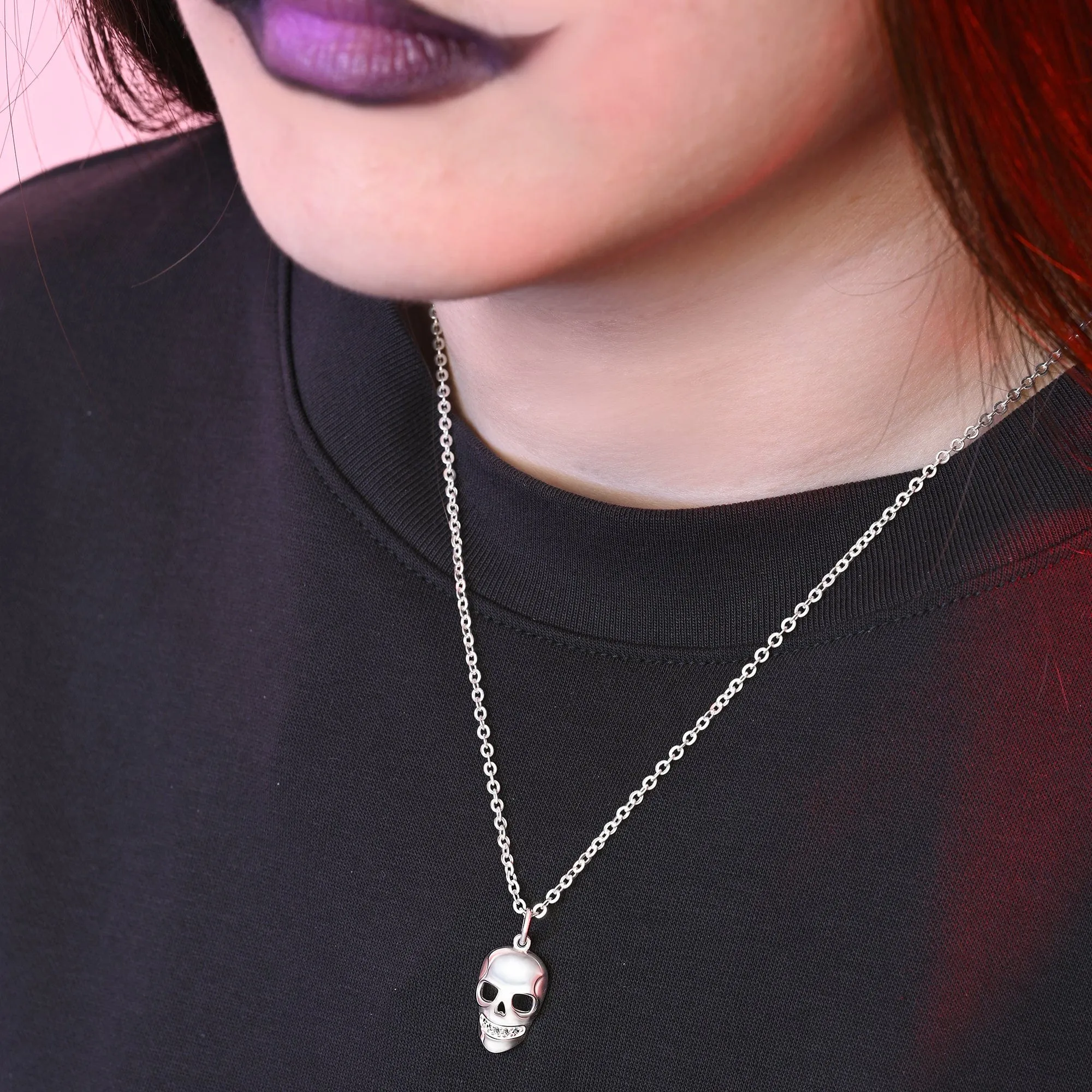 CZ Spooky Skull Necklace Sterling Silver