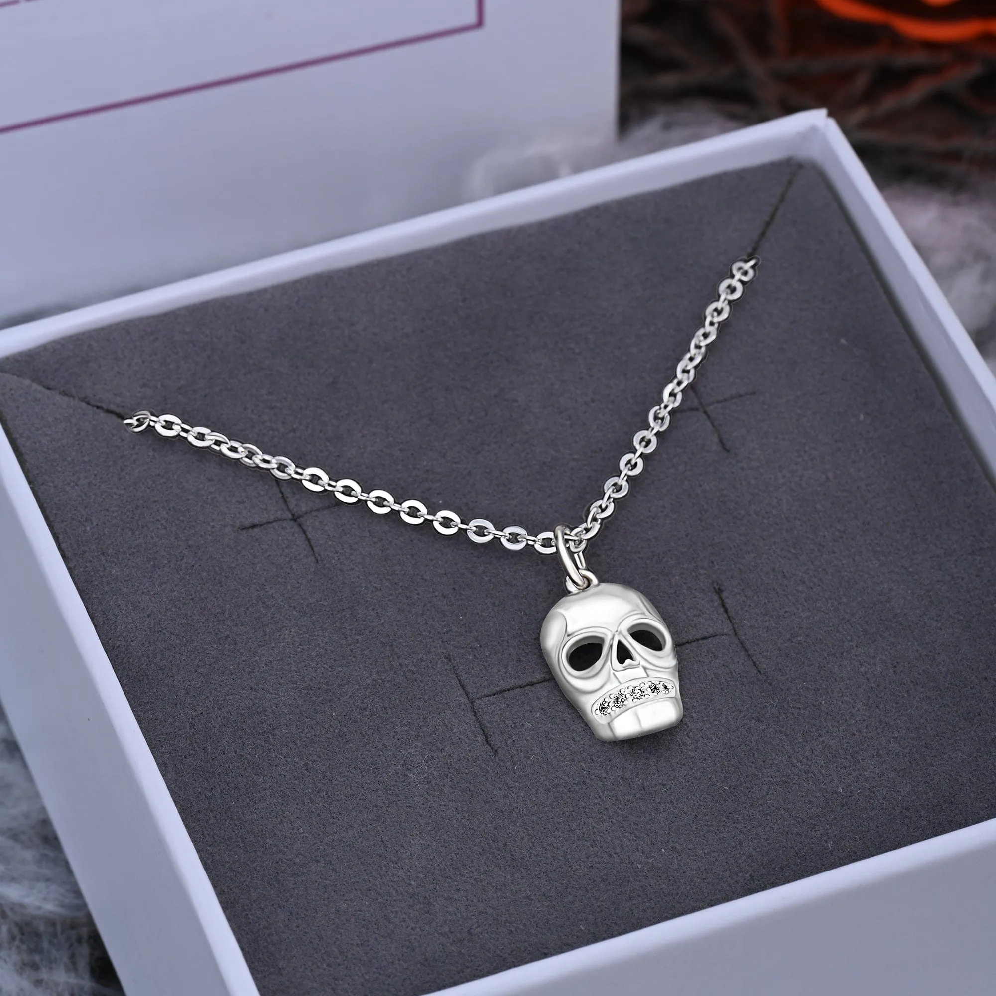 CZ Spooky Skull Necklace Sterling Silver