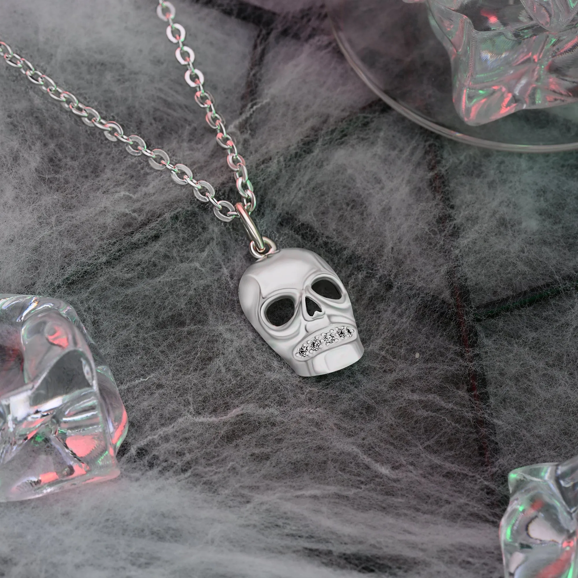 CZ Spooky Skull Necklace Sterling Silver