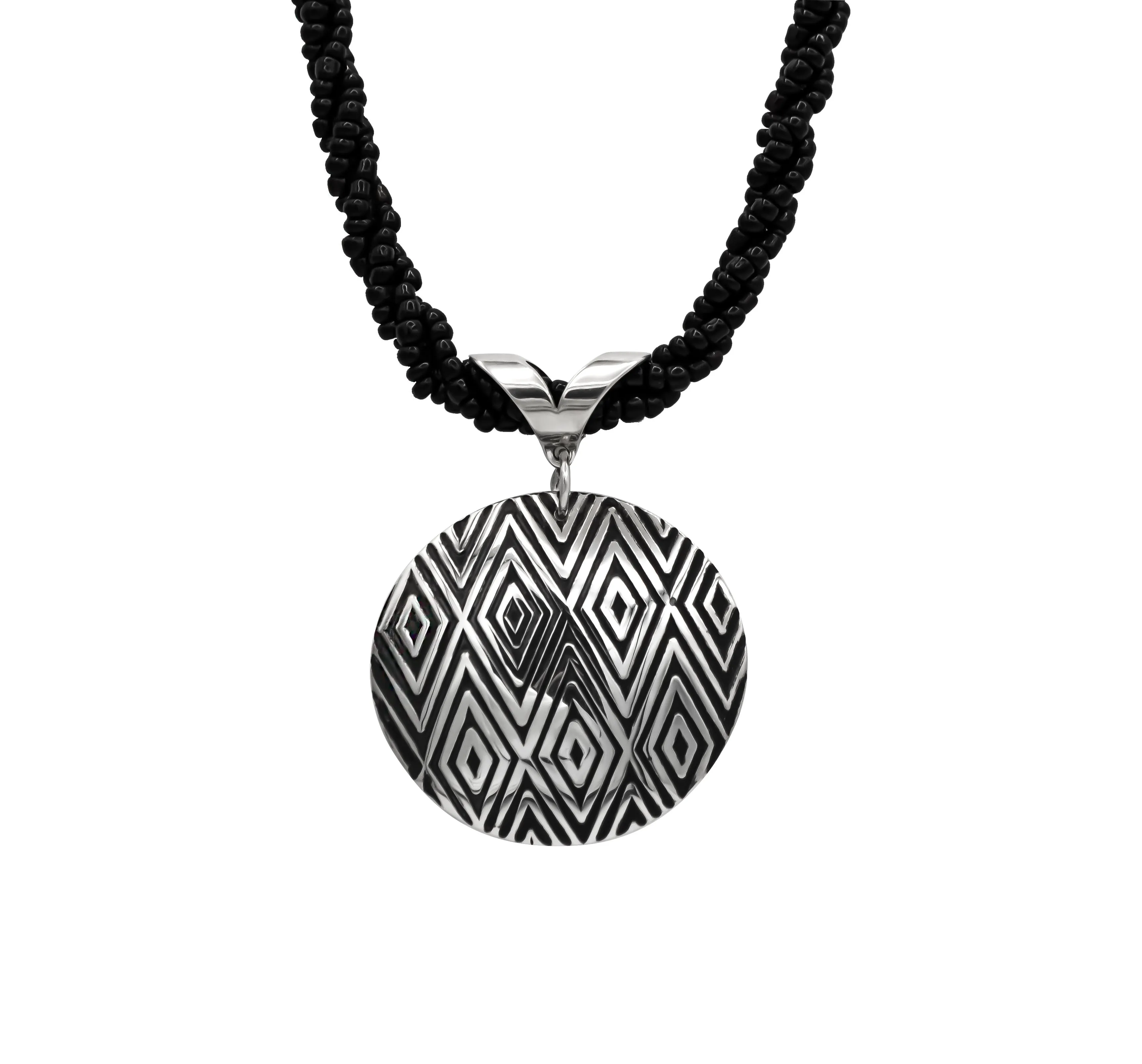 Diamond Hand Roller Printed Sterling Silver Pendant & Black Seed Bead Necklace