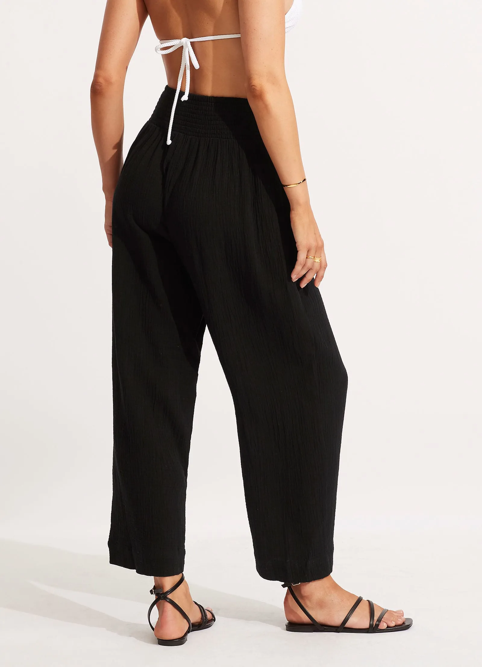 Double Cloth Shirred Pants - Black