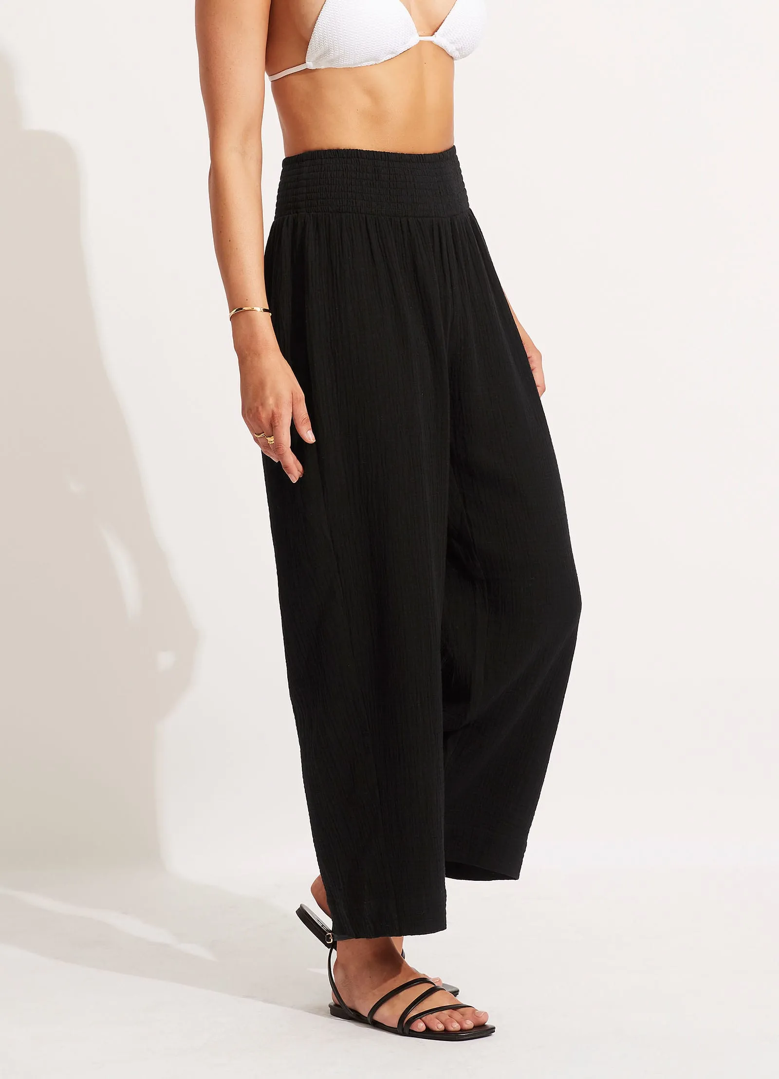 Double Cloth Shirred Pants - Black