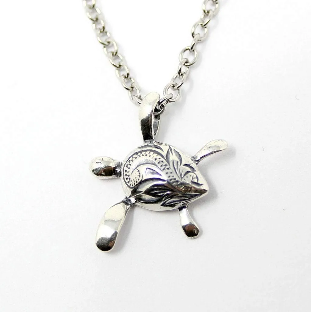 Engraved Sea Turtle Necklace in Sterling Silver