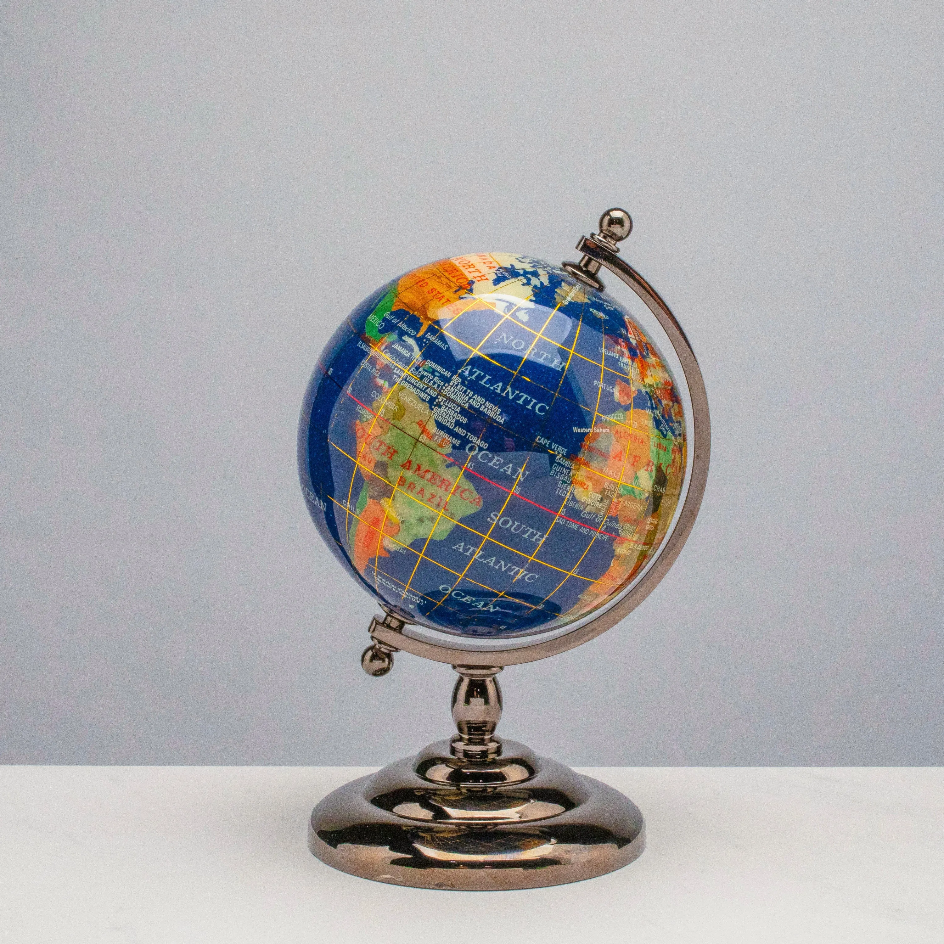 Gemstone Globe with Lapis Ocean on Gun Metal Stand - 7.25