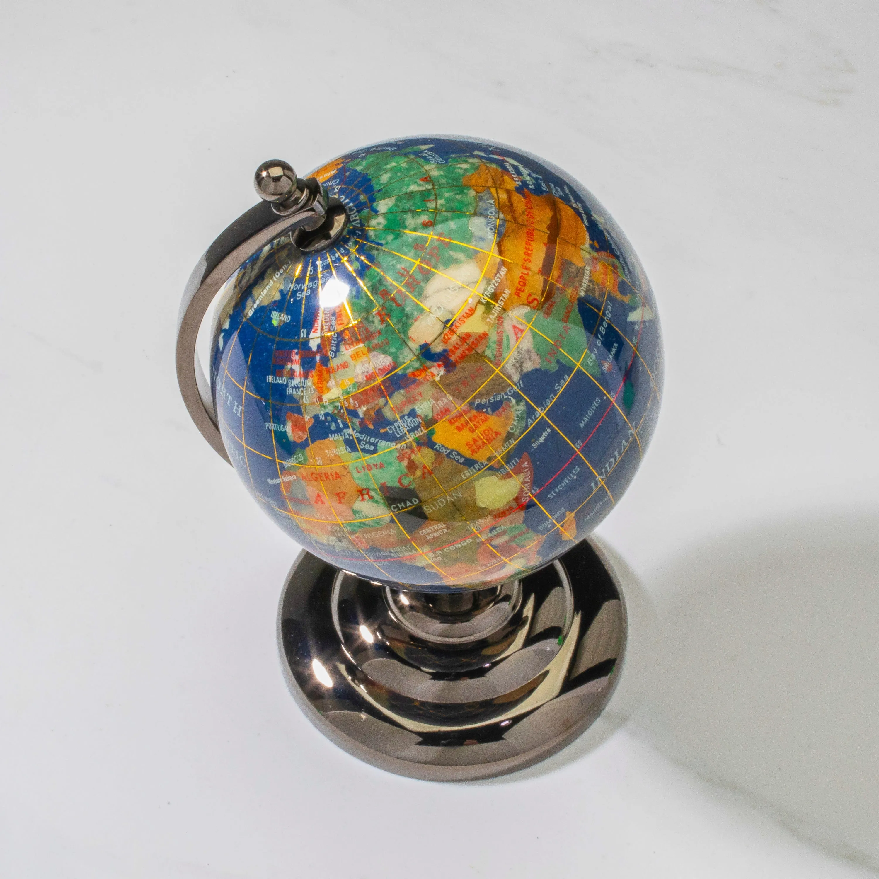 Gemstone Globe with Lapis Ocean on Gun Metal Stand - 7.25