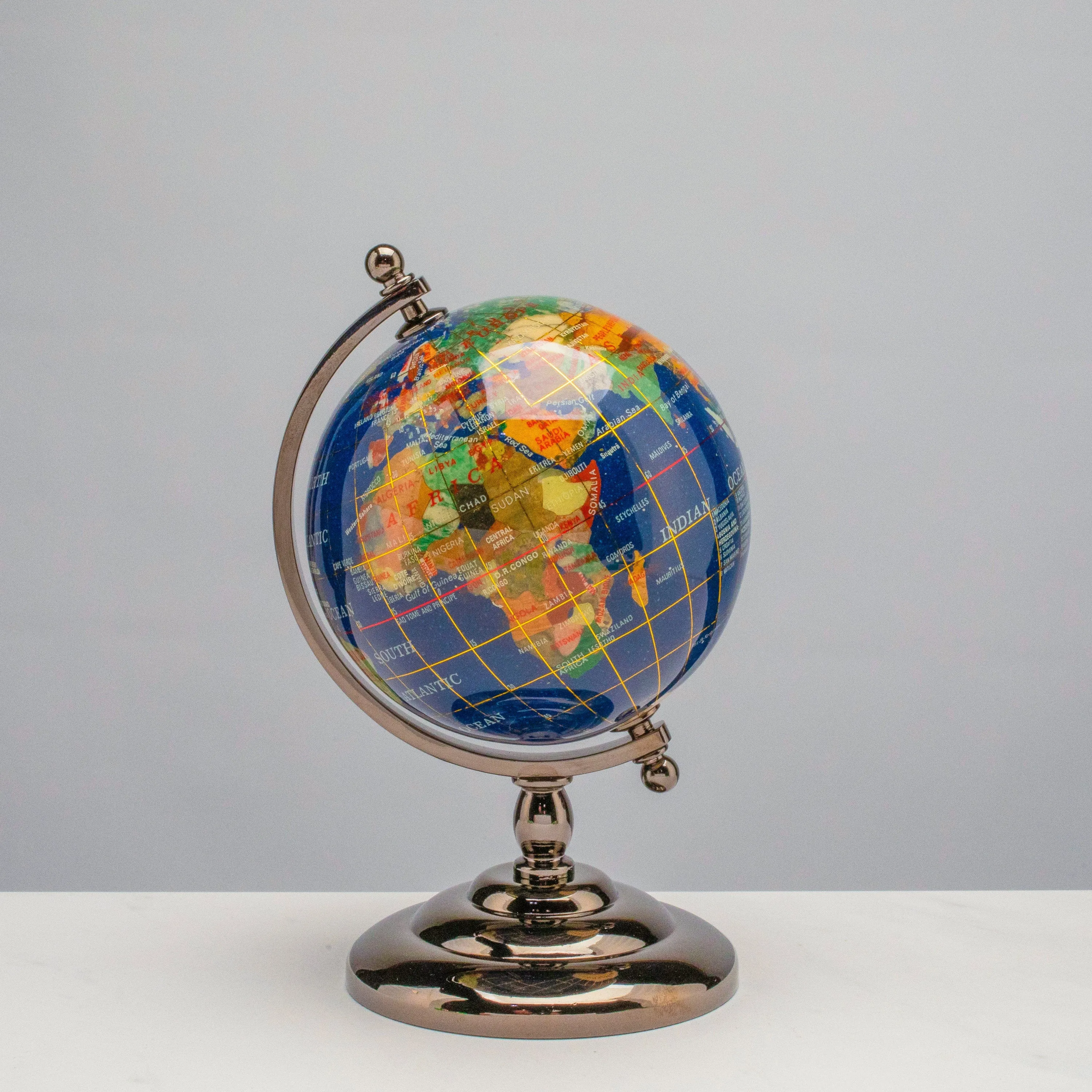 Gemstone Globe with Lapis Ocean on Gun Metal Stand - 7.25