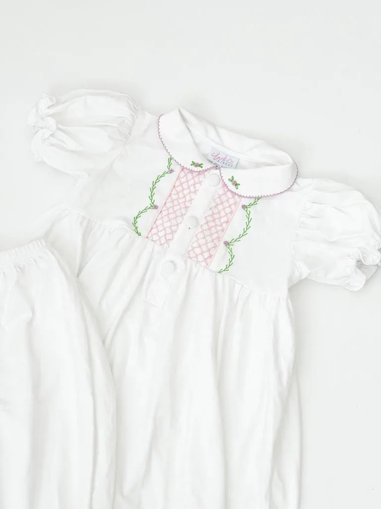 Girls White and Pink Smocked Pyjamas