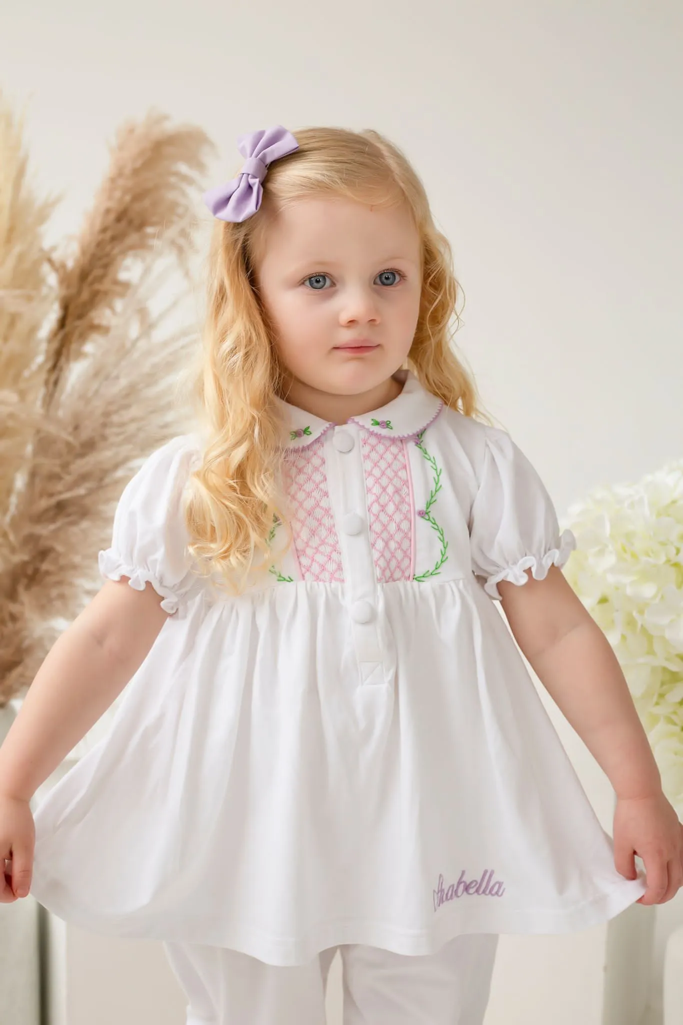 Girls White and Pink Smocked Pyjamas