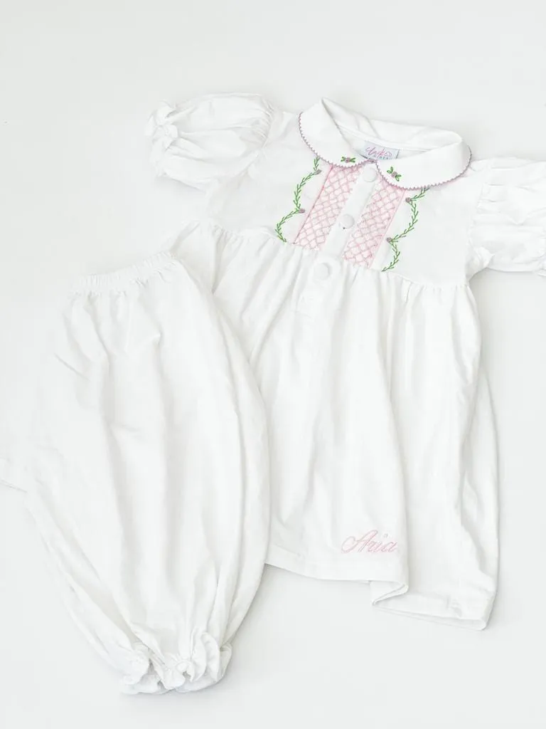 Girls White and Pink Smocked Pyjamas