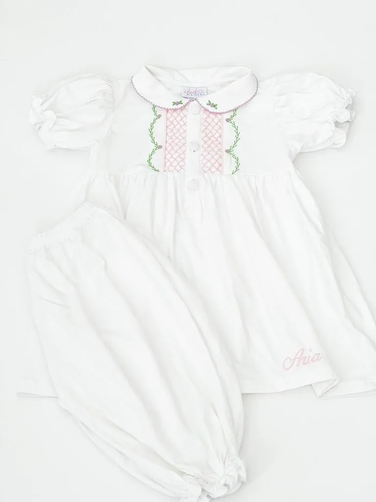 Girls White and Pink Smocked Pyjamas