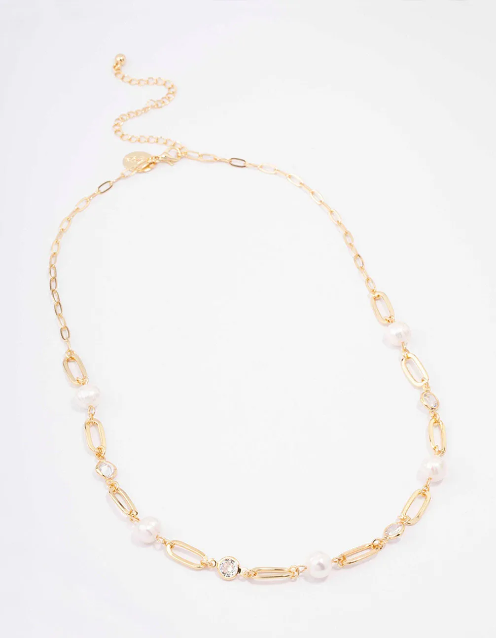 Gold Plated Alternating Cubic Zirconia & Pearl Link Short Necklace