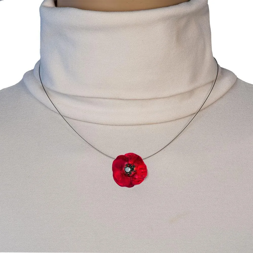 Handmade Silver Red Poppy Short Choker Necklace