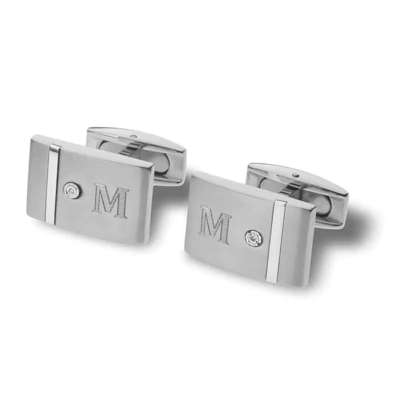 Men's Cubic Zirconia Diamond Accent Rectangular Engravable Cuff Links in Stainless Steel (1 Initial) of Trendolla