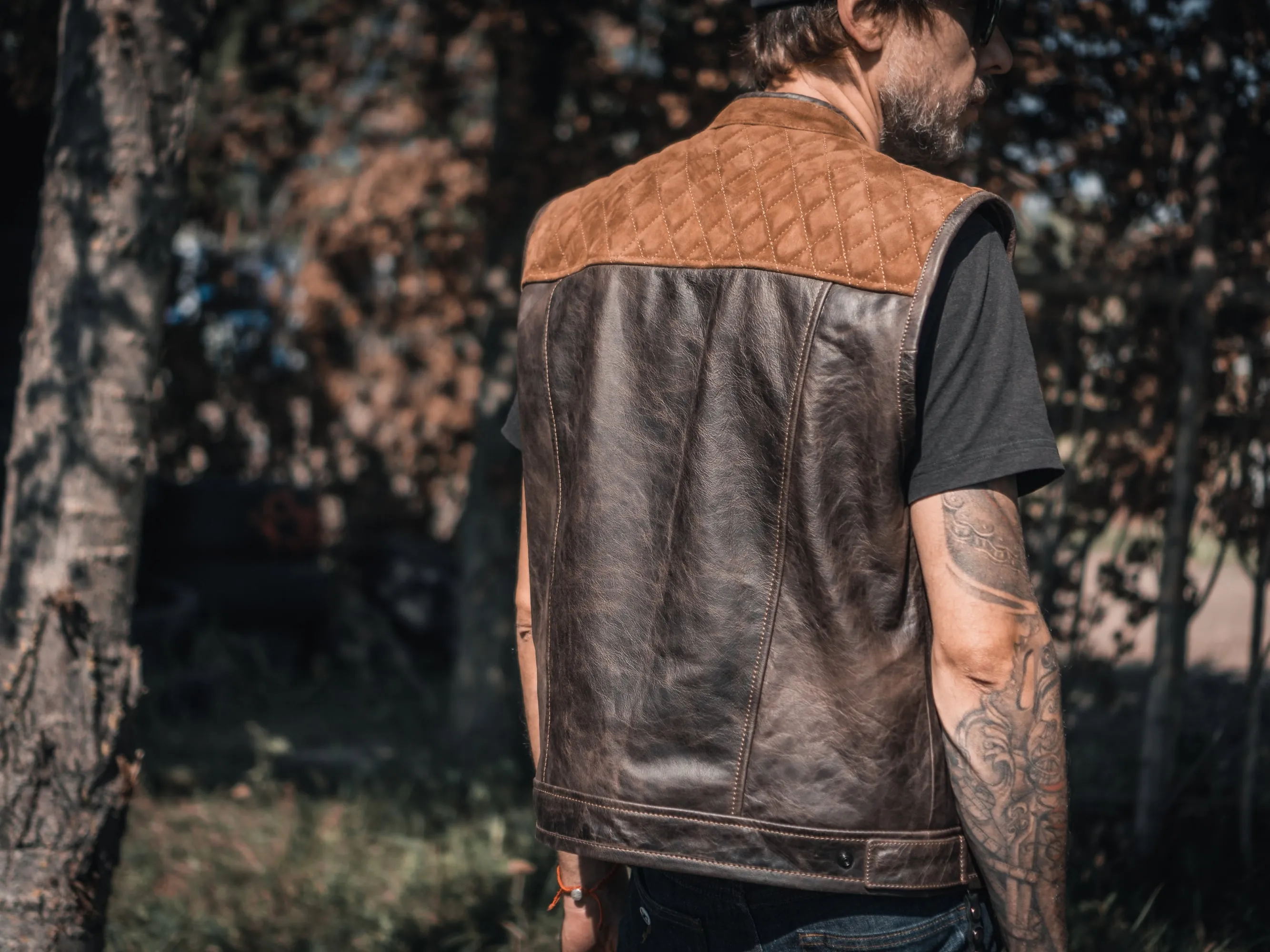 Motorcycle Club Leather Vest, Suede Diamond Stitch