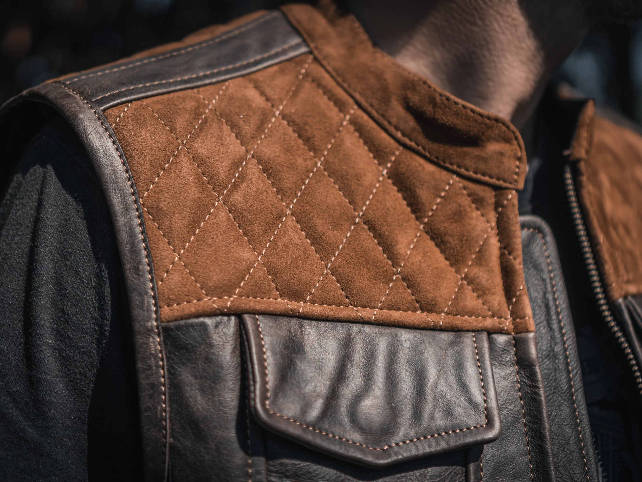 Motorcycle Club Leather Vest, Suede Diamond Stitch