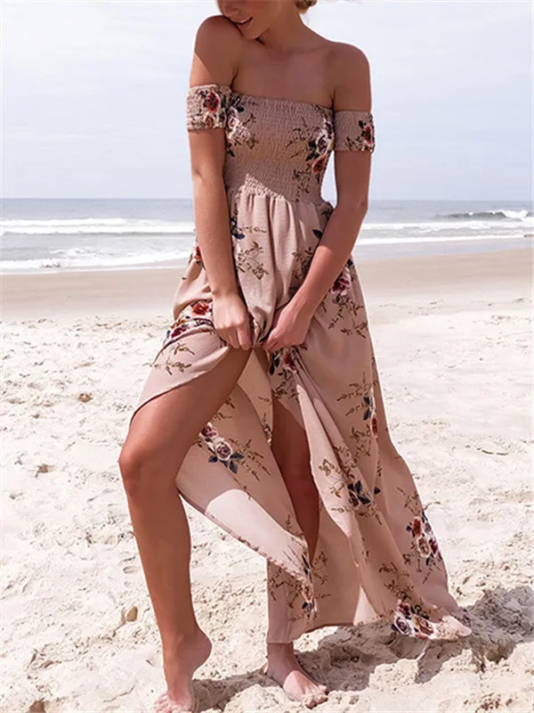 Off The Shoulder Long Irregular Printed Dress