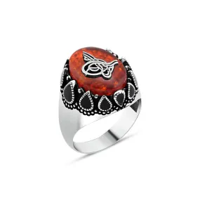 Ottoman Tughra on Ellipse Red Synthetic Amber Stone Silver Men's Ring with Black Teardrops Around