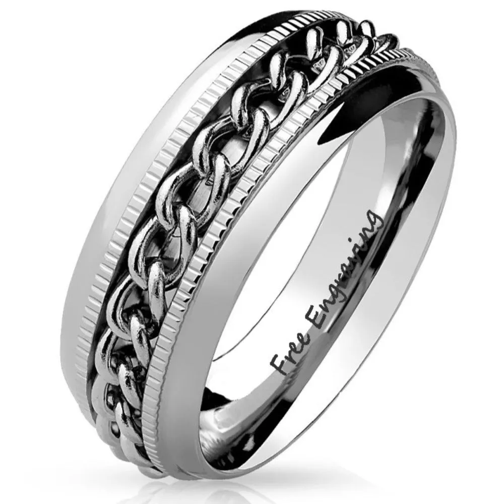 Personalized Men's Wedding Band - Silver Chain Spinner Stainless Steel