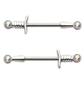 Rainbow Aurora CZ Dagger Stainless Steel Nipple Barbell