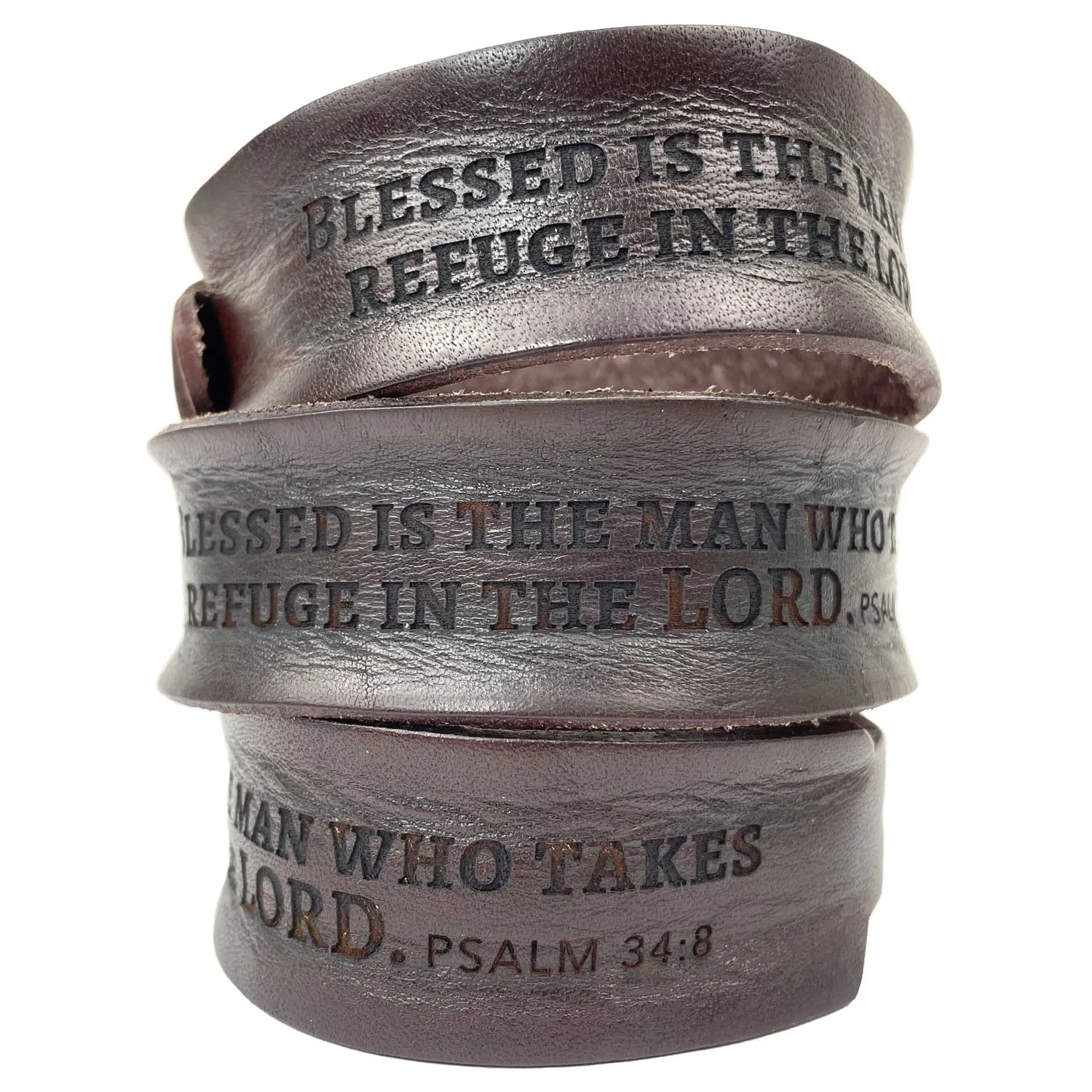 Refuge in the Lord Psalm 34:8 Laser-Engraved Brown Leather Scripture Bracelet with Watch Band Clasp