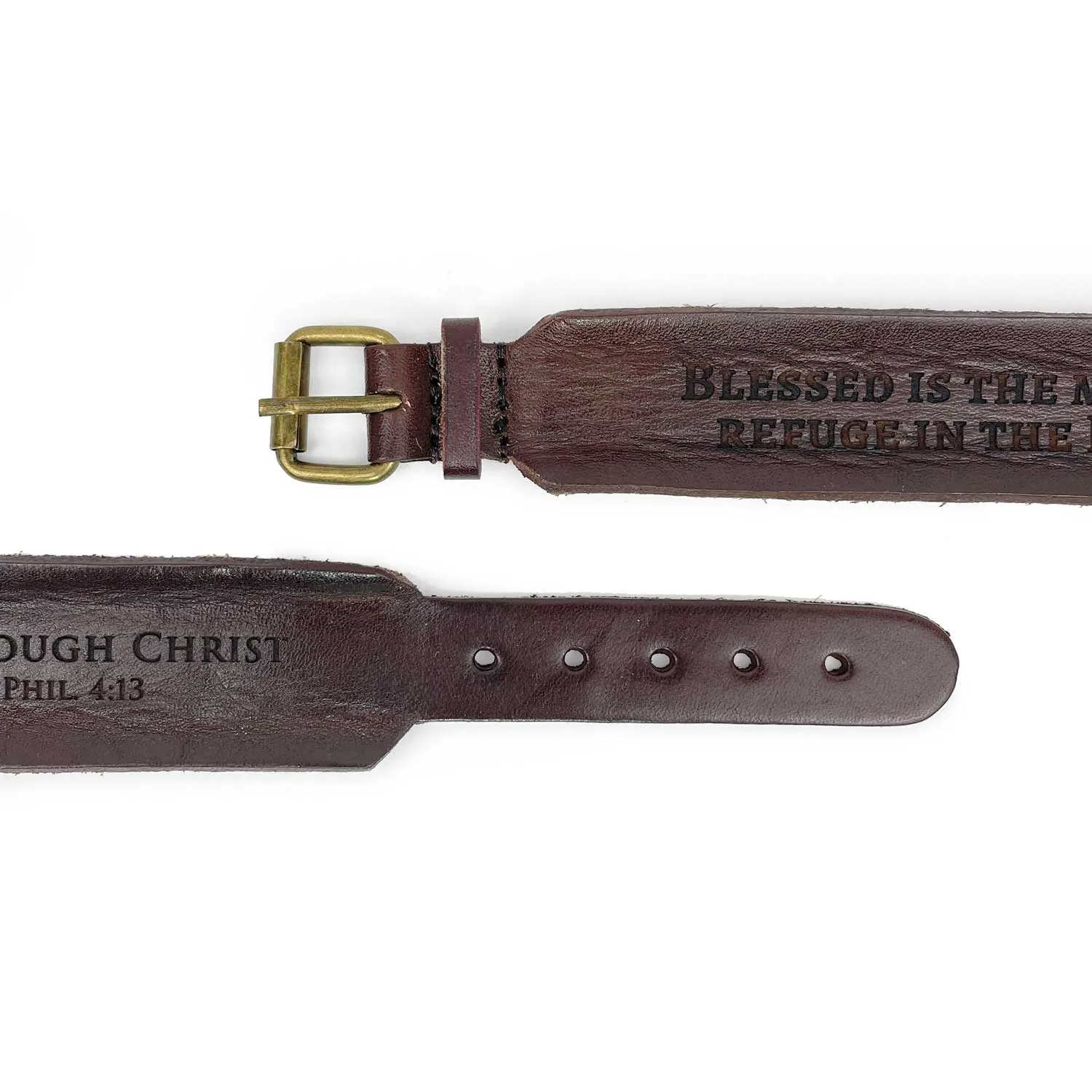 Refuge in the Lord Psalm 34:8 Laser-Engraved Brown Leather Scripture Bracelet with Watch Band Clasp