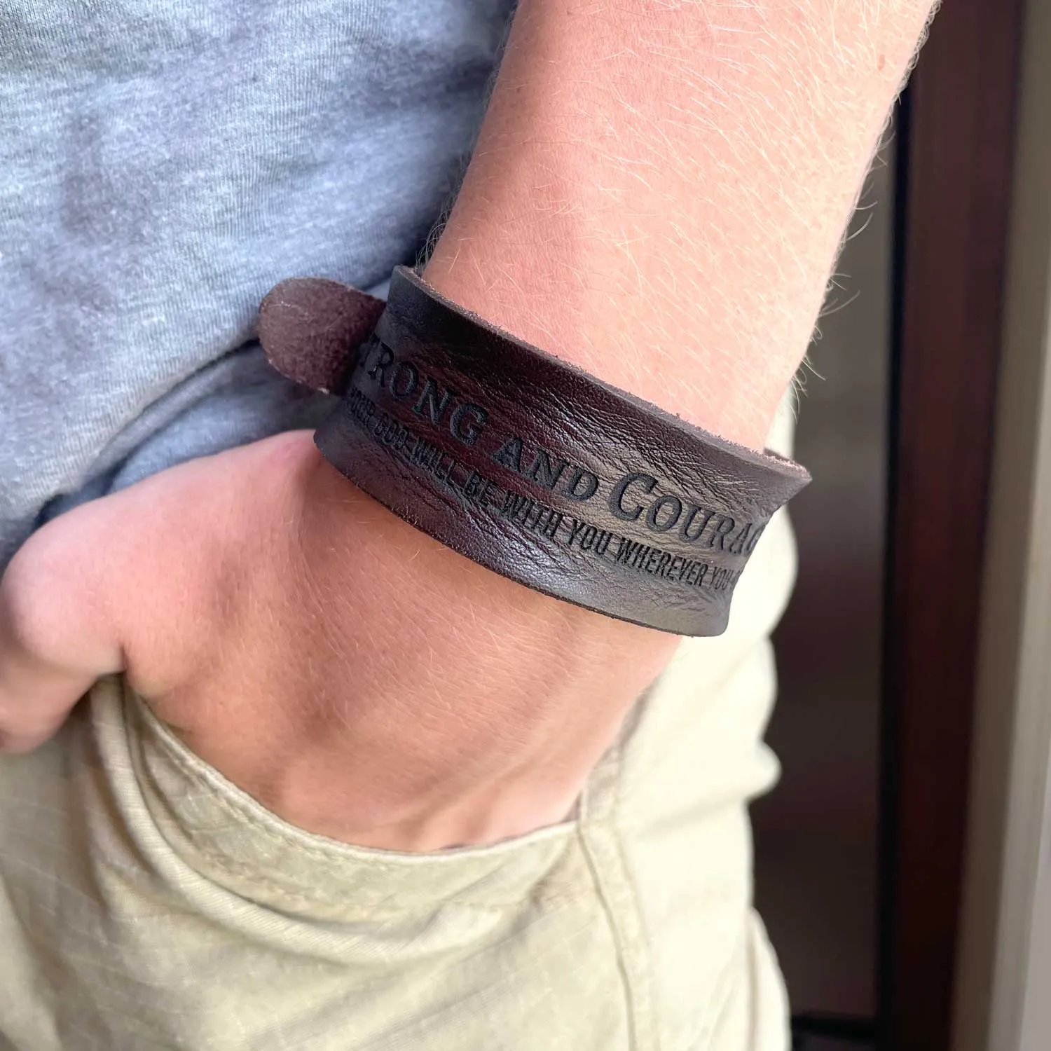 Refuge in the Lord Psalm 34:8 Laser-Engraved Brown Leather Scripture Bracelet with Watch Band Clasp