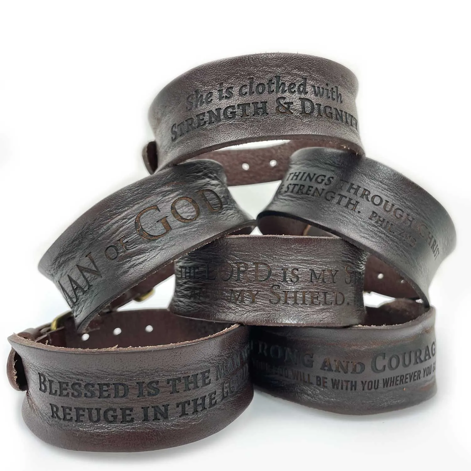 Refuge in the Lord Psalm 34:8 Laser-Engraved Brown Leather Scripture Bracelet with Watch Band Clasp