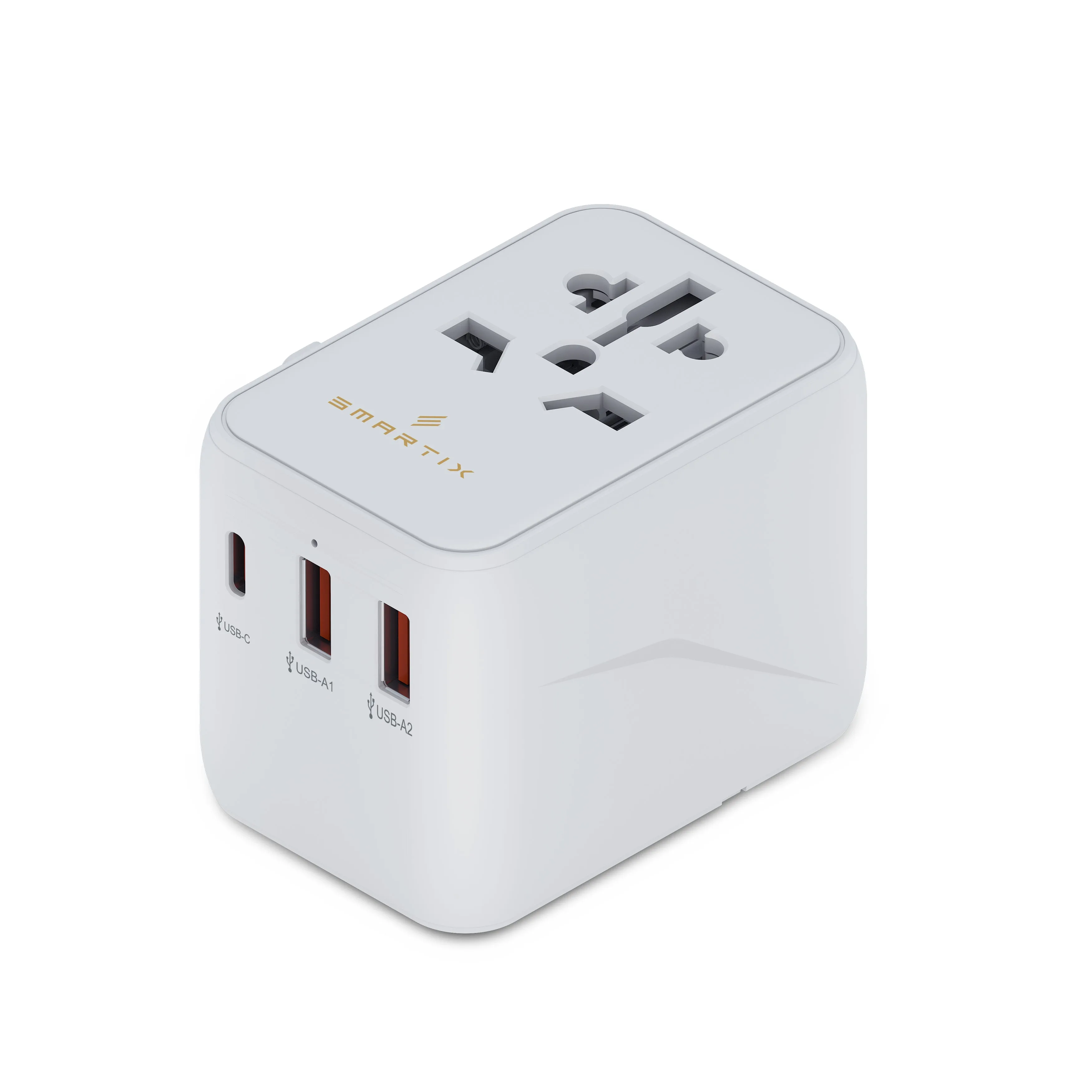 Smartix Universal Travel Adaptor 20W, 4-in-1 Fast Charger 1xUSB-C & 2xUSB-A Ports, 2500W Power Socket, Portable Charger for Iphone, Android, Laptop, Drone, Compatible for USA, UK, EU, AU, Asia- White