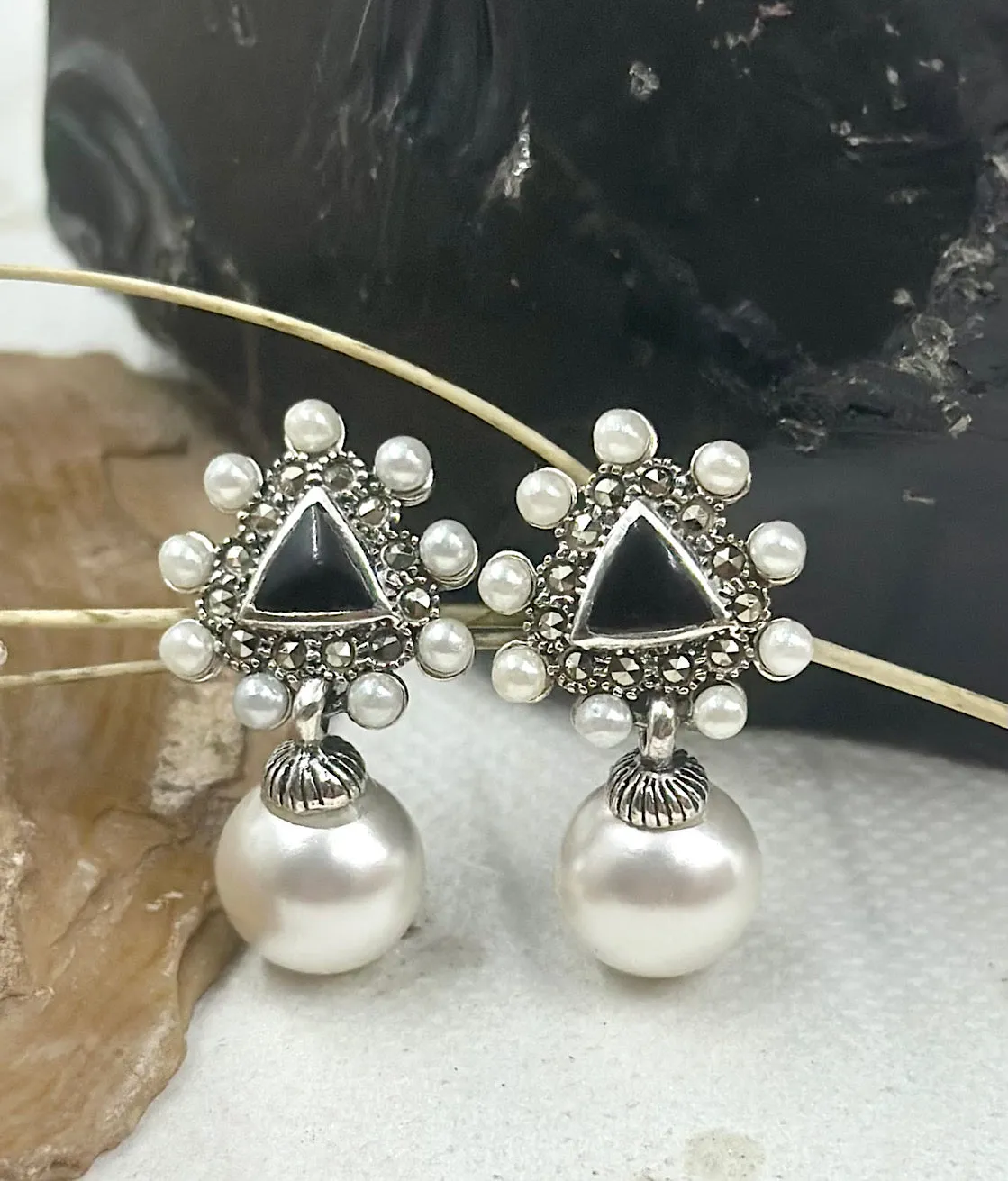 The Silver Pearl & Marcasite Earrings (Black)