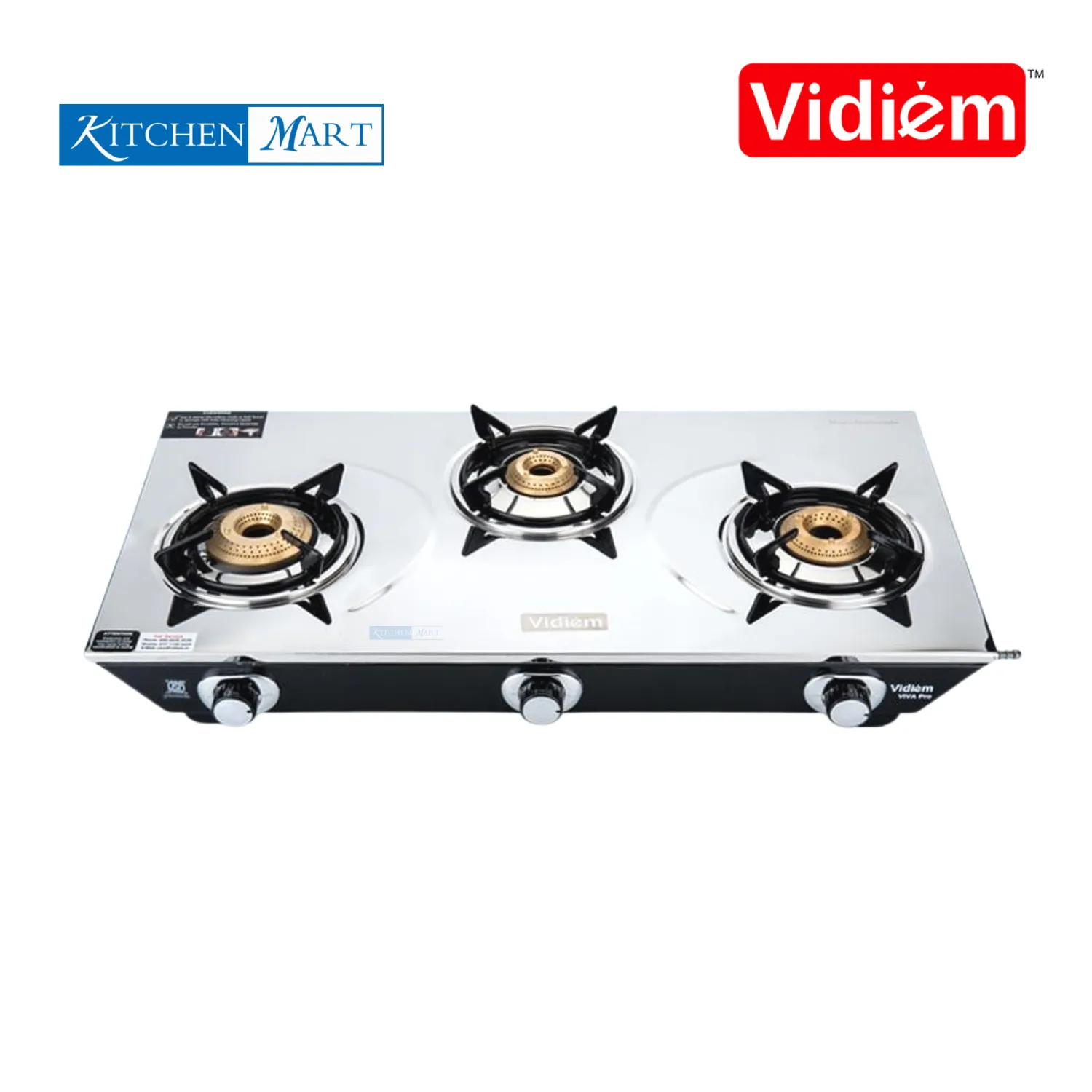 Vidiem Viva SS 3 pro Burner Glass Top Gas Stove, Black, Manual