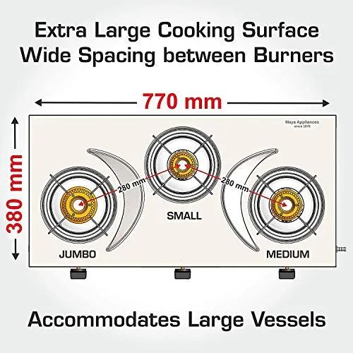 Vidiem Viva SS 3 pro Burner Glass Top Gas Stove, Black, Manual