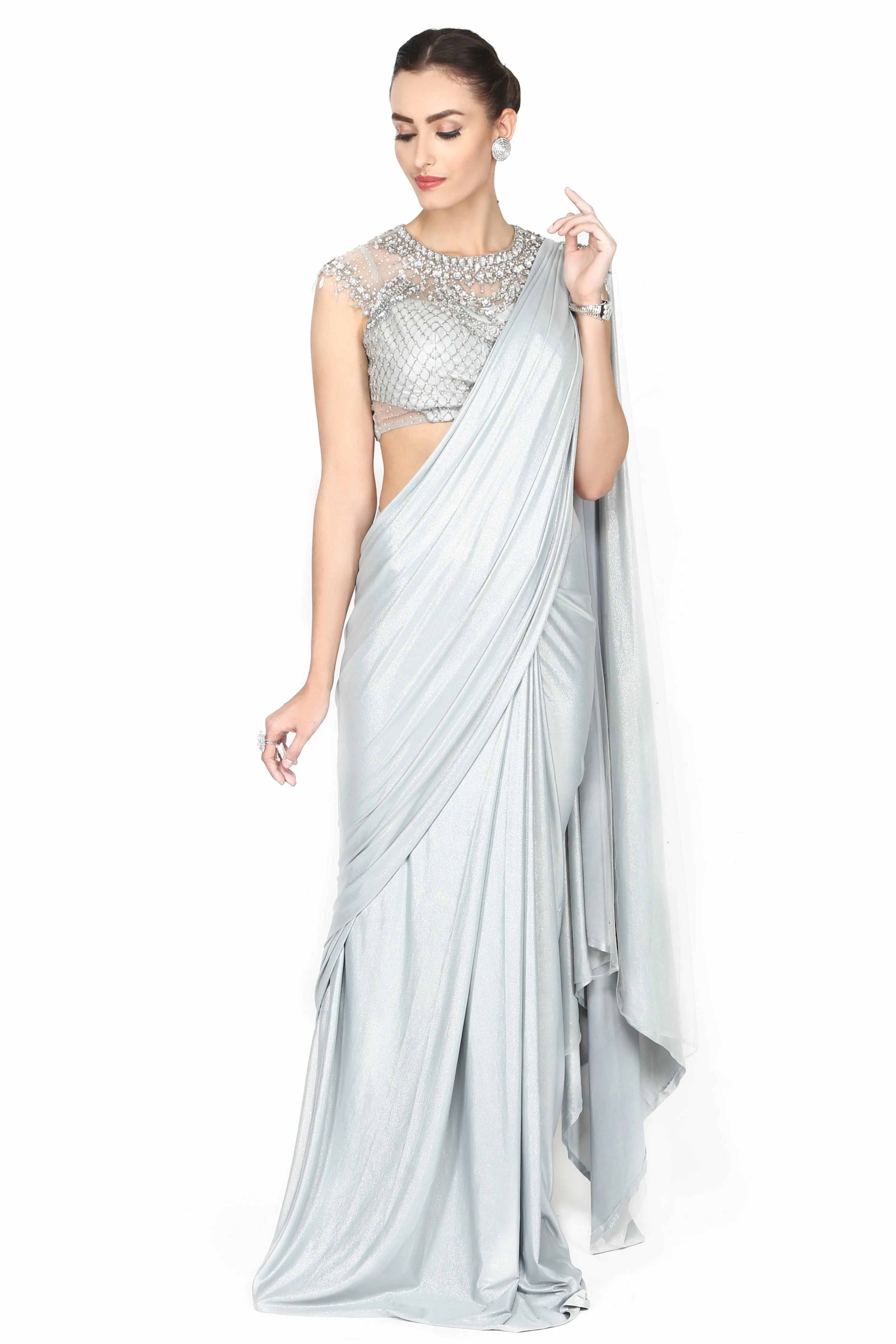 White smoke grey drape saree