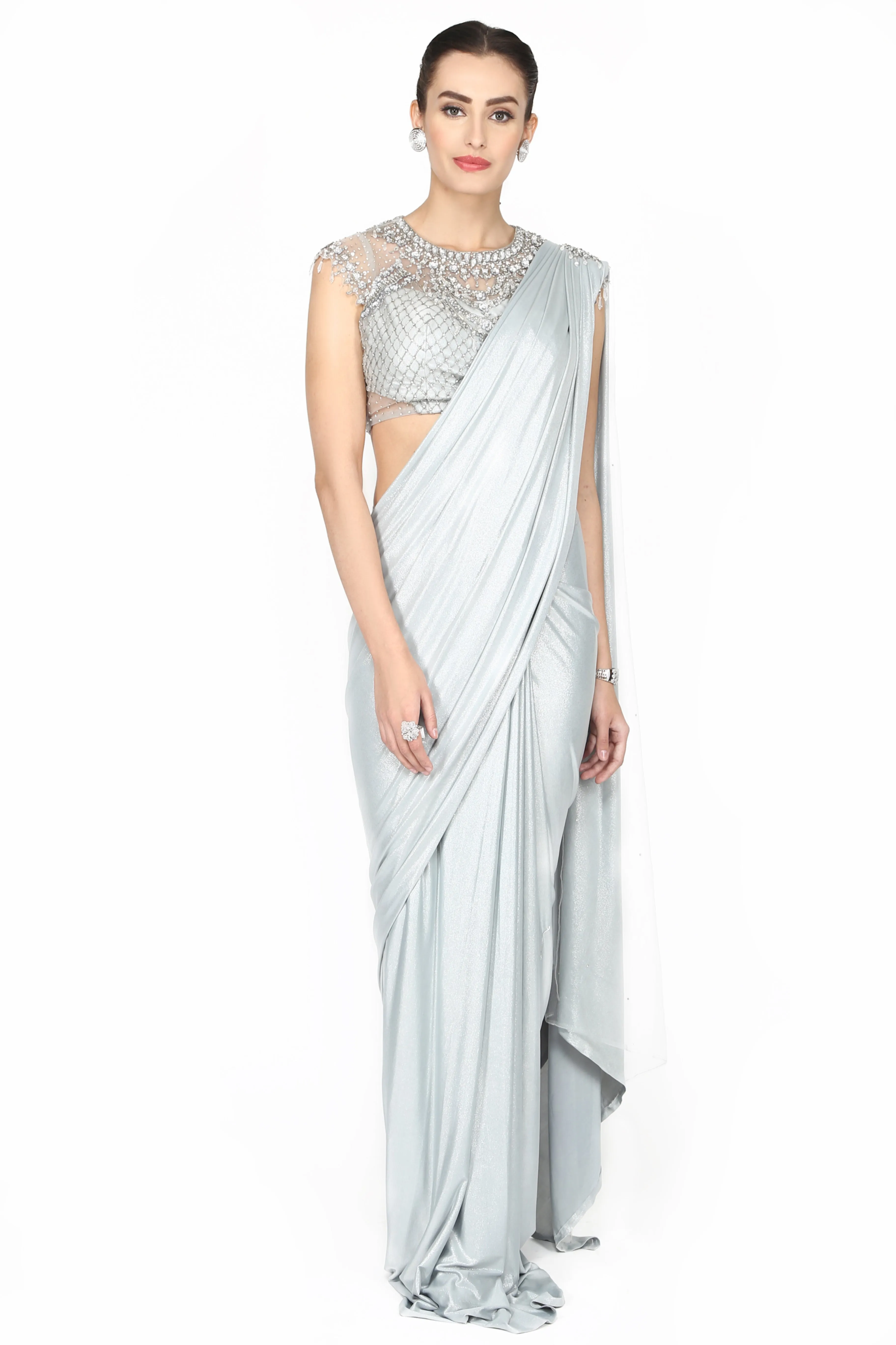 White smoke grey drape saree