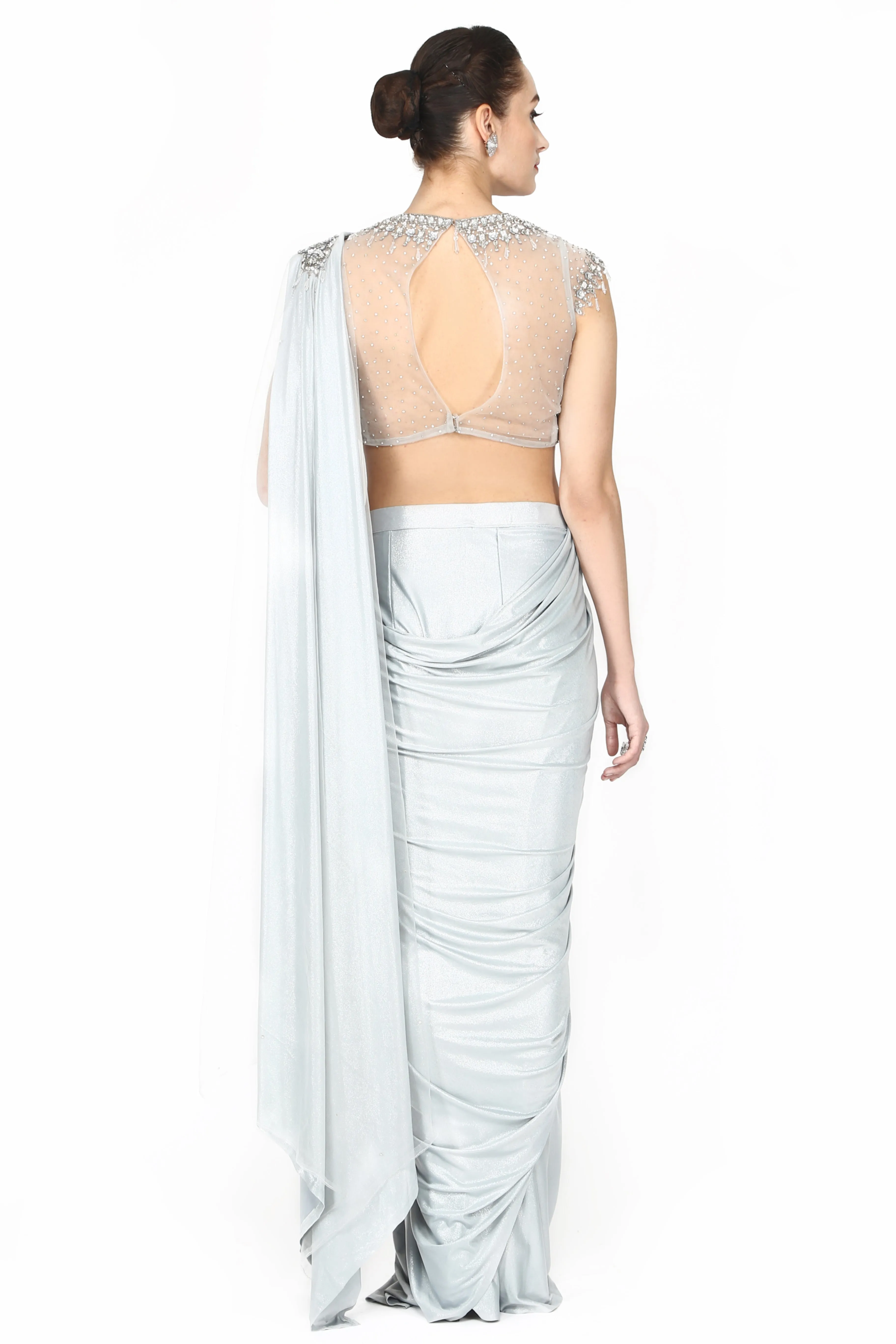 White smoke grey drape saree